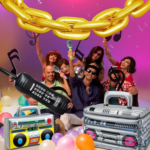 Vista 5 de Cunhill 29 piezas de decoraciones de fiesta de los años 80 y 90 incluyen caja inflable Boom Box, enfriador de bebidas, 20 globos de cadena de papel