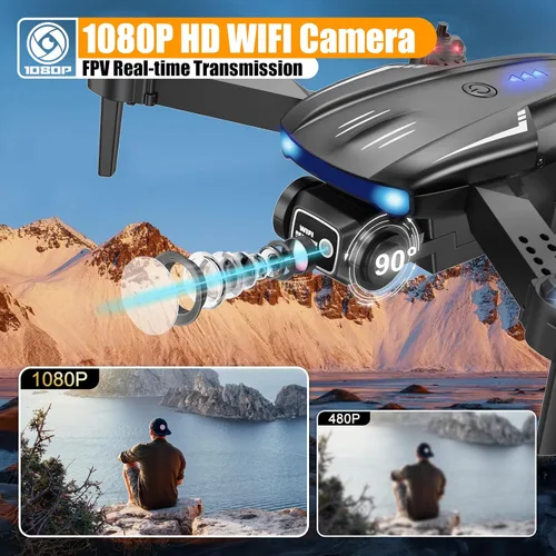 Vista 2 de X-shop Drone con cámara 1080P para niños y adultos, cuadricóptero RC plegable con despegue/aterrizaje con una tecla, selfie por gesto, volteretas