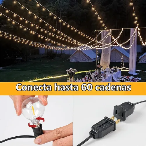 Vista 5 de Luces de cadena LED G40 para exteriores de 25 pies con 12+1 bombillas, enchufe E12, blanco cálido de 2700K, grado comercial, resistente a