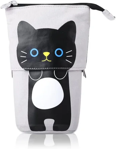 Vista 8 de iSuperb - Portalápices convertible para soporte y almacenamiento, de lona y poliuretano, con caricatura de gato adorable; cartuchera telescópica