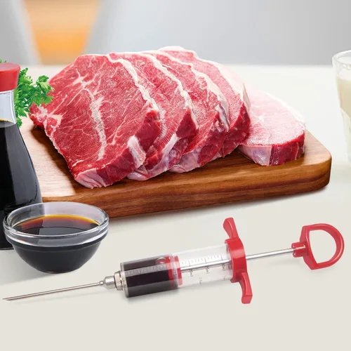 Vista 6 de Inyector de carne, jeringa inyectora de pavo de adobo de plástico con aguja de carne atornillada para parrilla de barbacoa ahumadora, 1 oz, rojo