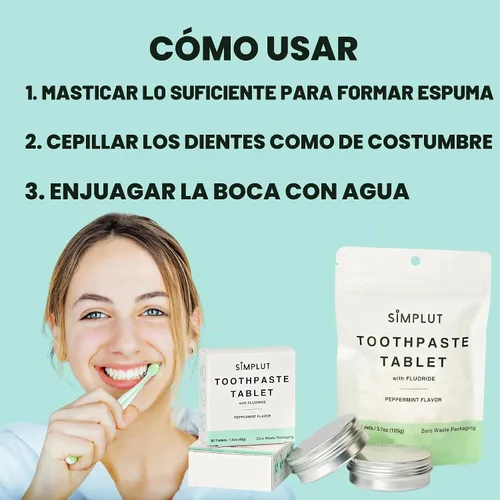 Vista 4 de Tabletas masticables de pasta de dientes con flúor, paquete de 60 – Cuidado bucal de tamaño de viaje, pestañas dentales veganas ecológicas
