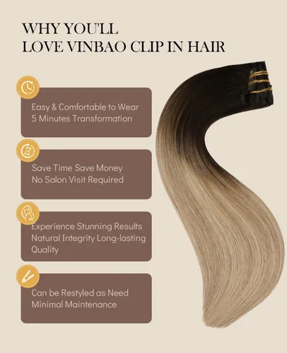 Vista 77 de VINBAO Extensiones de cabello humano con clip, balayage, color marrón ceniza a rubio caramelo, 14 pulgadas, 6 unidades, 3.53 onzas, 6