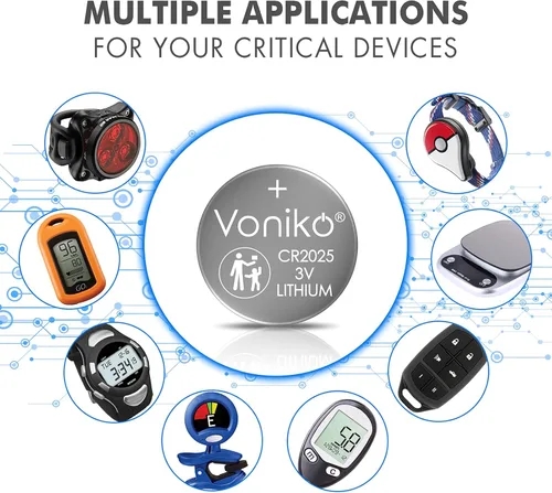 Vista 3 de Voniko Pilas de litio CR2025 de 3 V para seguridad infantil, compatibles con controles remotos, llaveros, relojes, calculadoras, 7 años de vida útil