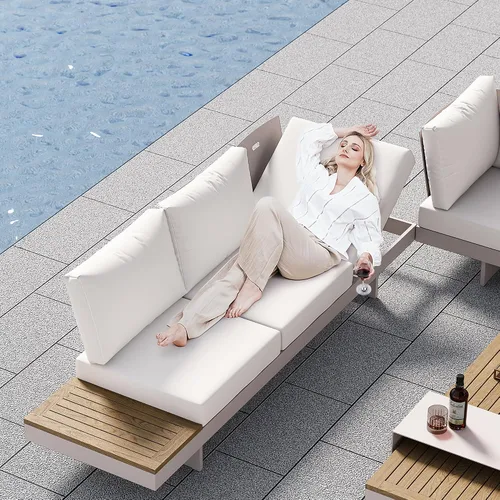 Vista 7 de Homary Set of 6 Aluminium Teak Outdoor L-Shaped Sectional Sofa with Adjustable Backrests, Waterproof and Fade Resistant Cushions