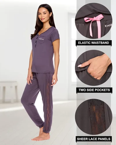 Vista 3 de bebe Conjunto de pijama para mujer camisa de manga corta con pantalones de pijama