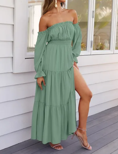 Vista 93 de ZESICA - Vestido largo, bohemio y sexy, con hombros descubiertos y manga larga fruncida, con elástico fruncido, cintura alta y abertura lateral
