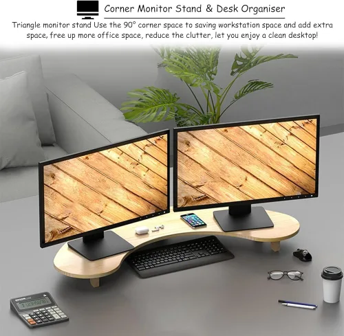 Vista 3 de Solid Wooden Curved Corner Monitor Stand – 2 Heights & 2 Sizes Arc Screen Riser for Desk Office Desktop Blanco