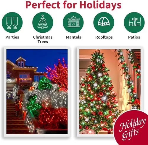 Vista 7 de Cadena de luces decorativas navideñas de 33 pies, 100 luces LED de alambre verde, luces de hadas estrelladas enchufables, 16 modos de iluminación