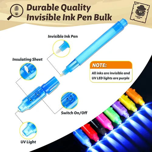 Vista 2 de Bolígrafos de tinta invisible GIFTINBOX con luz UV para niños, bolígrafos espía para regalos de fiesta para niños de 8 a 12, paquete de 24