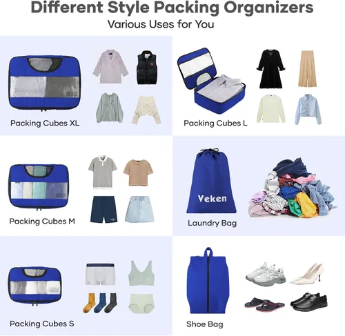 Vista 3 de 6 Set Packing Cubes for Suitcases, Travel Organizer Bags for Carry on Luggage, Veken Suitcase Organizer Bags Set for Travel Essentials Travel