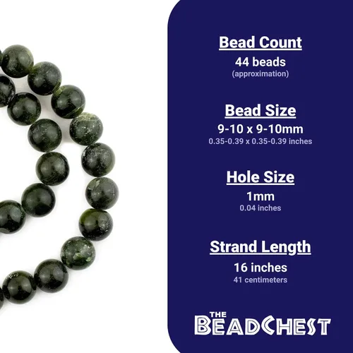 Vista 4 de TheBeadChest - Cuentas redondas de jade nefrita verde oscuro de 25/64 pulgadas (0.394 in), hebra de 16 pulgadas