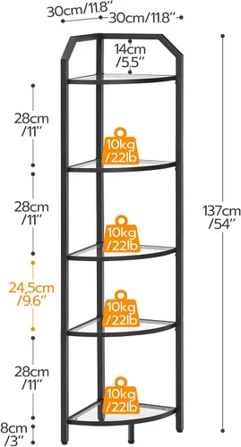 Vista 3 de HOOBRO - Estantería de esquina de 5 niveles, estante de esquina negro, estantes de vidrio templado, organizador de baño, soporte para plantas