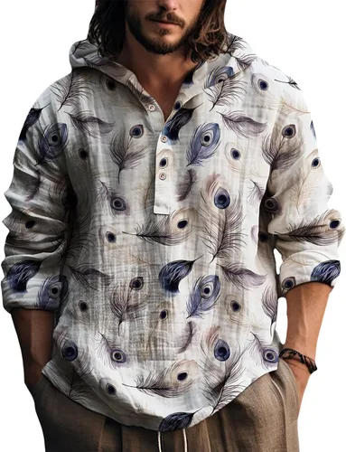 Vista 15 de Sudadera con capucha para hombre, con estampado de plumas, manga larga, 3 botones, a la moda, casual, para otoño, cómoda y suave