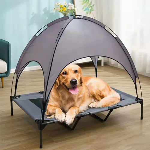 Vista 5 de Cama elevada impermeable para perros con toldo y malla de refrigeración – Cuna elevada portátil para perros grandes, tienda de campaña