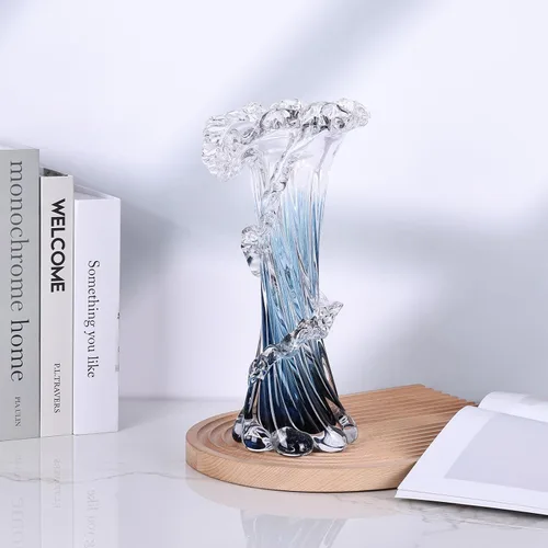 Vista 5 de Jarrón de vidrio azul soplado a mano, arte único, hermoso jarrón de vidrio oceánico para centro de mesa del hogar, mesa de café, sala de estar