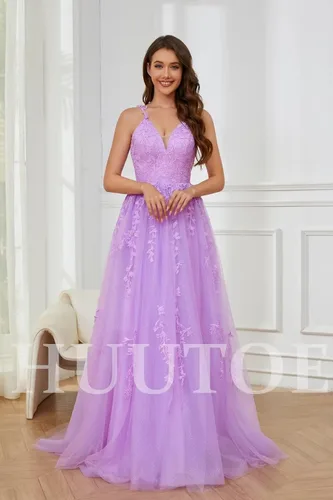 Vista 8 de Vestidos de graduación de tul con purpurina, cuello en V, apliques de encaje, vestidos largos de baile para mujer, vestidos formales de tirantes