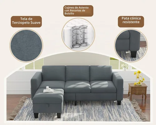 Vista 9 de Sofás modernos de 3 asientos para sala de estar con otomana
