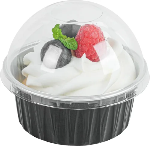Vista 2 de Restaurantware Ramequines desechables de 4.2 onzas con tapas, 100 vasos desechables redondos de crema brulee, tapas de cúpula aptas para horno, Negro