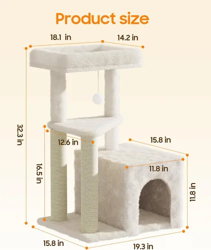Vista 4 de Torre de árbol para gatos de interior, condominio para gatos de varios niveles de 33 pulgadas con postes rascadores, percha grande, juguete colgante