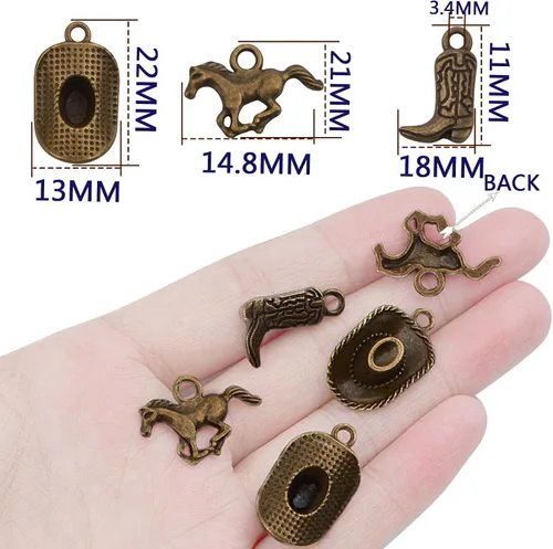 Vista 3 de 60 dijes de vaquero con temática occidental de bronce antiguo, aleación tibetana, sombrero de vaquero occidental, botas y caballos, dijes