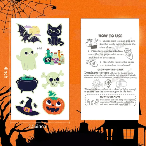 Vista 4 de Ozepao Juego de 10 hojas de calcomanías temporales de tatuaje de Halloween, 88 diseños únicos con calabazas, calaveras, esqueletos, fantasmas