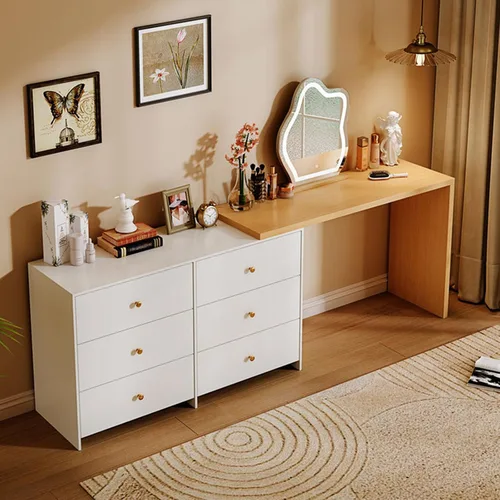 Vista 11 de Moderna mesa de tocador de maquillaje de esquina con espejo LED y 6 cajones espaciosos, tocador retráctil para gabinete, escritorio para computadora