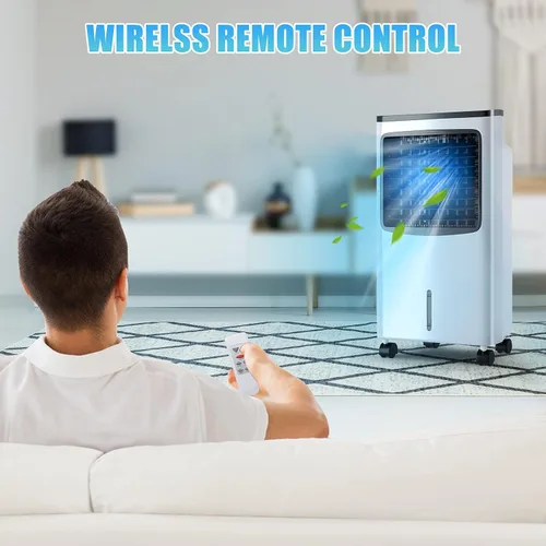 Vista 8 de Enfriador de aire evaporativo 3 en 1, enfriador de aire oscilante ancho con humidificador, control remoto, 2 paquetes de hielo y tanque de agua