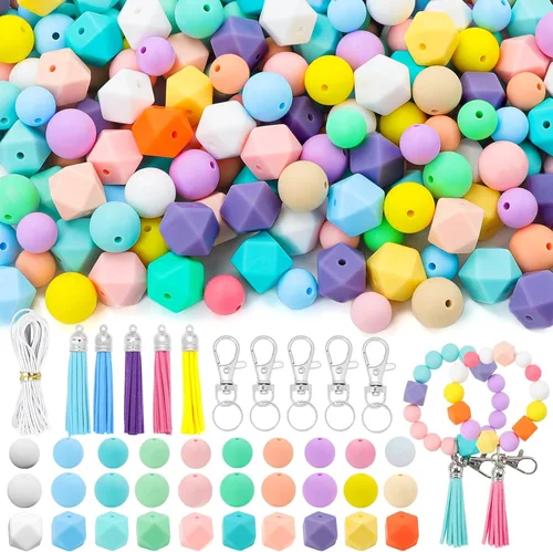 Vista 9 de Vellibring 121 piezas de abalorios de silicona para kit de llaveros, abalorios de goma redondos de 12 mm y 15 mm, poligonales de 14 mm, abalorios