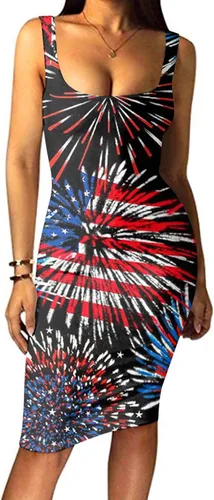 Vista 2 de ZEFOTIM Vestido del 4 de julio para mujer, sexy, sin mangas, con tirantes delgados, cuello en U, entallado, midi, casual, verano, bandera