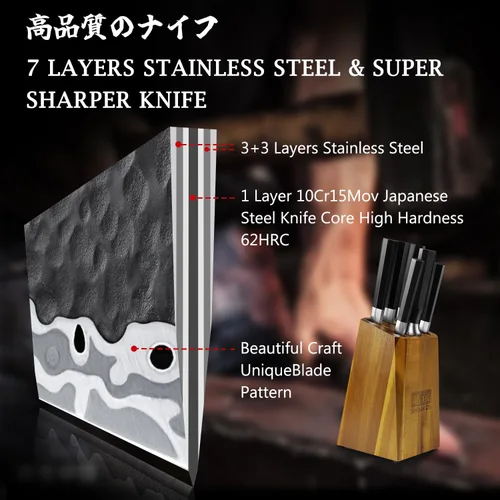 Vista 4 de SHAN ZU Juego de Cuchillos Japoneses de 7 Piezas - 7 Capas 10Cr15MoV Juego de Cuchillos de Cocina de Acero con Alto Contenido de Carbono con Bloque