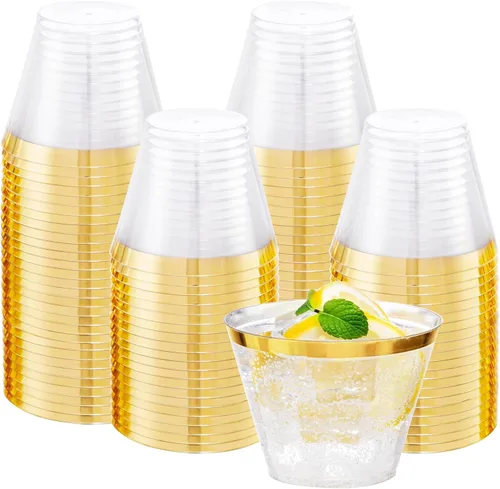 Vista 9 de I00000 100 vasos de plástico dorados, vasos de plástico transparente de 10 onzas con borde dorado, tazas de cerveza, taza dura desechable