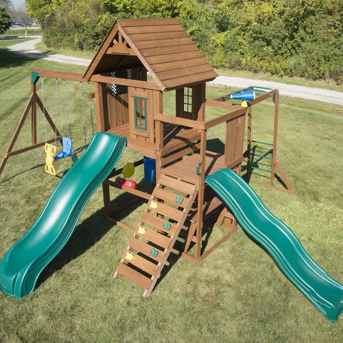 Vista 2 de Swing-N-Slide WS 8354 Knightsbridge - Juego de columpio de madera con dos toboganes, juego de juego, barras de mono, pared de escalada, juego