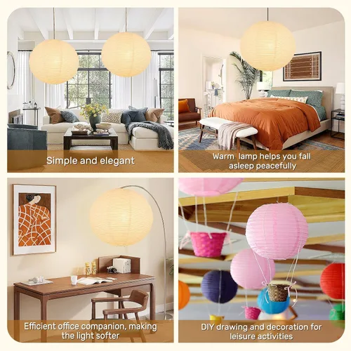 Vista 5 de Juego de 2 pantallas de lámpara de linterna de papel redonda blanca, pantalla de luz colgante de linterna de papel grande de 20"x20", diseño