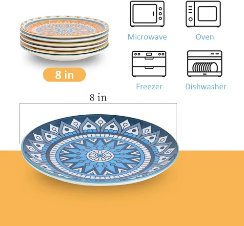 Vista 2 de Juego de platos de postre de cerámica de 6 a 8 pulgadas para ensalada y aperitivo, colores vibrantes para mezclar y combinar, aptos