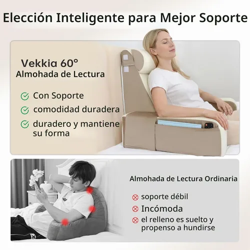 Vista 2 de Vekkia Almohada de lectura de 21 pulgadas para sentarse en la cama, almohada ergonómica de cuña trasera de 60° con espuma de múltiple densidad