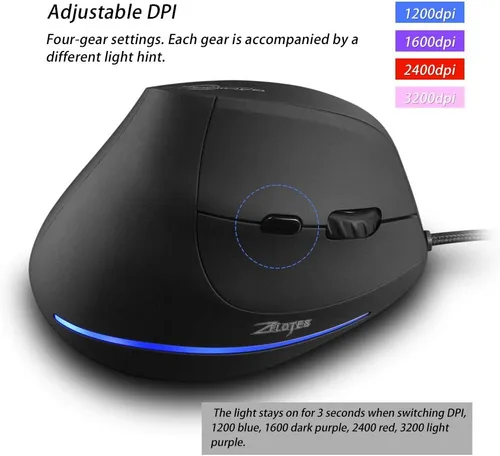 Vista 7 de zelotes - Mouse vertical ergonómico, 3200 DPI LED óptico USB con cable, 6 botones para laptop, escritorio, PC, MacBook, negro