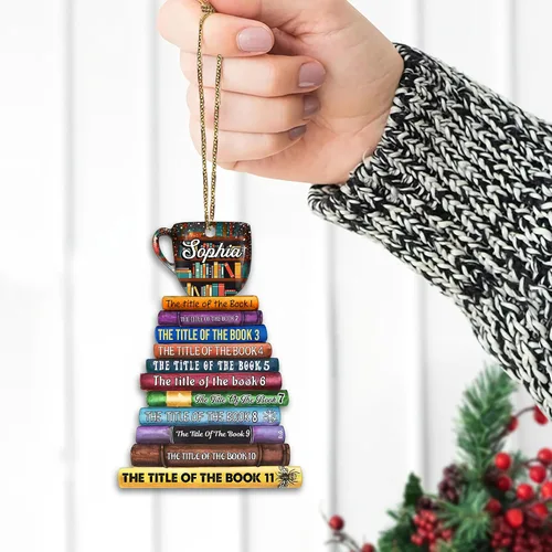 Vista 3 de HYTURTLE Adorno Personalizado de Pila de Libros – Nombre Personalizado y Títulos de Libros Favoritos – Acrílico para Lectores, Miembros de Clubes