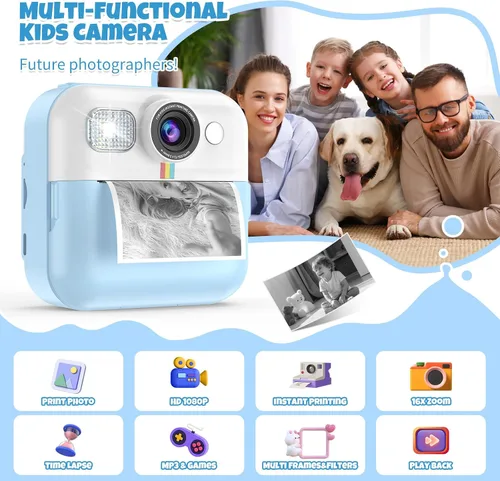 Vista 2 de Cámara para Niños Varones, Cámara de Juguete Portátil de Impresión Azul para Niños Pequeños 1080P Cámaras de Video Niños Cámara de Impresión