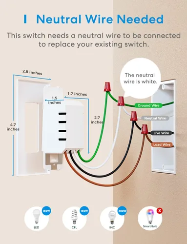 Vista 2 de meross Interruptor de atenuación inteligente de un solo polo compatible con Apple HomeKit, Alexa Google Assistant y SmartThings, interruptor de luz