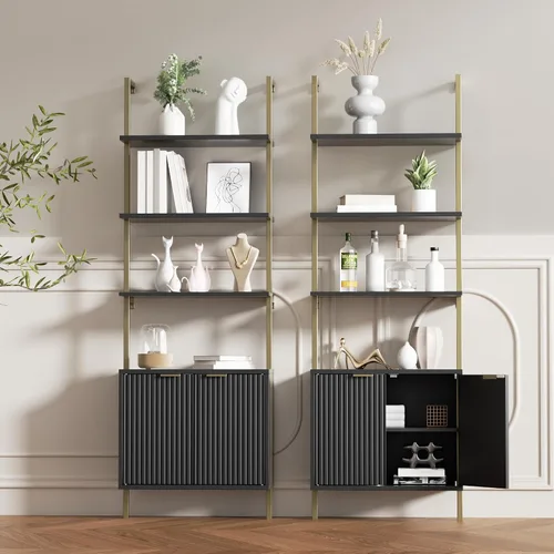 Vista 8 de Estantería de escalera con gabinete, estantería de pared de 71 pulgadas de alto con estantes y almacenamiento, estante de escalera estriado