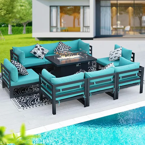 Vista 58 de BULEXYARD - Sofá modular de aluminio para exteriores con mesa para fogata, 7 piezas, color verde azulado