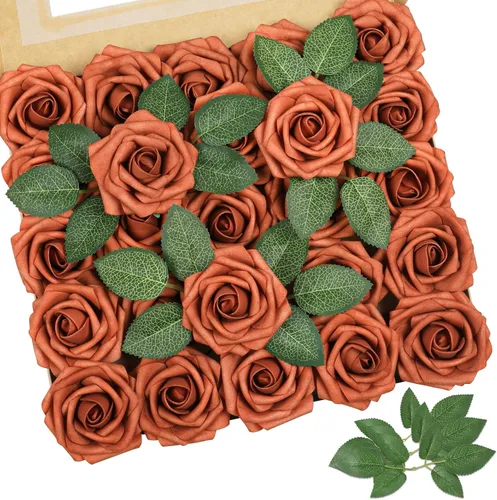 Vista 21 de AmyHomie 25 flores artificiales de aspecto real con tallo de rosa beige