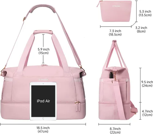 Vista 5 de Bolsa de lona de gimnasio para mujer, Rosado, Bolsa de gimnasio con puerto de carga USB