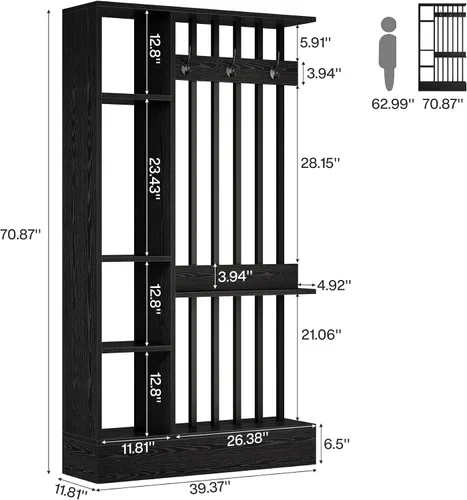 Vista 7 de Tribesigns Divisor de pared de habitación, estantería independiente de madera con estantes y ganchos para abrigos, 71 pulgadas, moderna partición