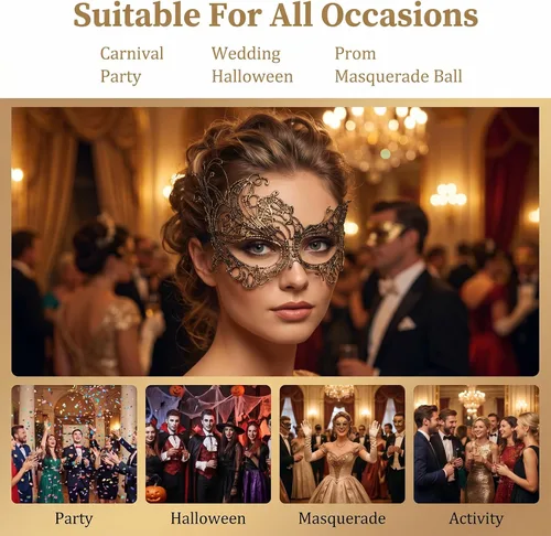 Vista 6 de 6 Pcs Lace Masquerade Mask for Women Men, Black Gold Half Face Mask