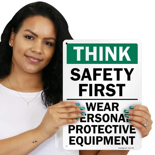 Vista 2 de SmartSign - S-2917-AL-14 Letrero "Think Safety First - Use equipo de protección personal" Aluminio de 10" x 14" Aluminio 10" x 14" Aluminio