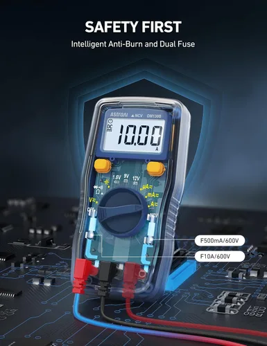 Vista 7 de AstroAI - Multímetro digital, probador de voltaje de batería de 1.5 V/9 V/12 V, auto-rango/óhmetro/DMM con función NCV, mide con precisión voltaje