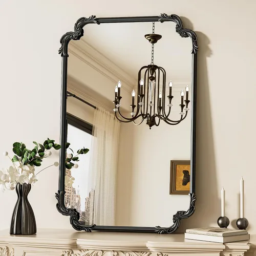 Vista 30 de Espejo rectangular negro barroco vintage para pared, 22 x 30 pulgadas, marco de desplazamiento antiguo, espejo de manto francés para chimenea, baño