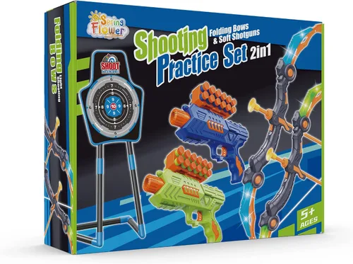 Vista 9 de SpringFlower 2 Bow and Arrow Sets with LED Light-up,2 Foam Dart Guns for Kids 5 6 7 8 9 10+ Years Old, Archery Set with Standing Target for Boys &